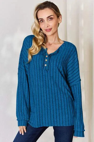 Basic Bae Full Size Ribbed Half Button Long Sleeve T-Shirt Sky Blue Women's T-Shirts - Tophatter Daily Deals